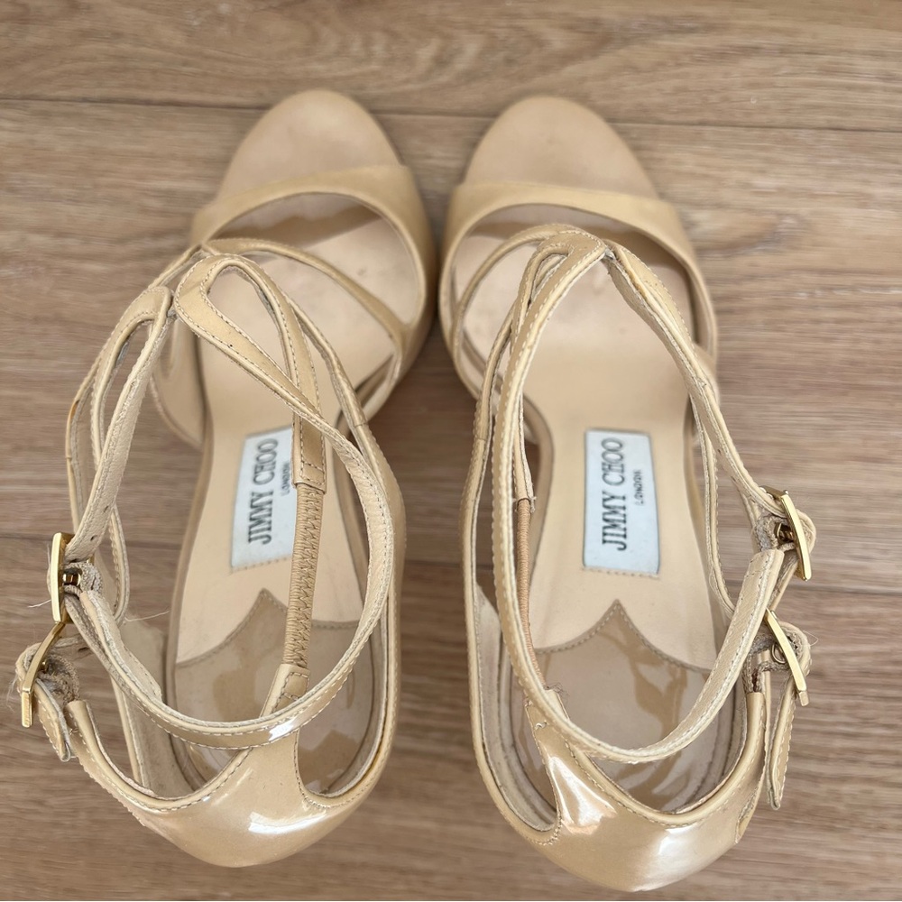 Jimmy Choo Lang Nude Patent Leather Strappy Sandals Heels 37.5 - Picture 3 of 12
